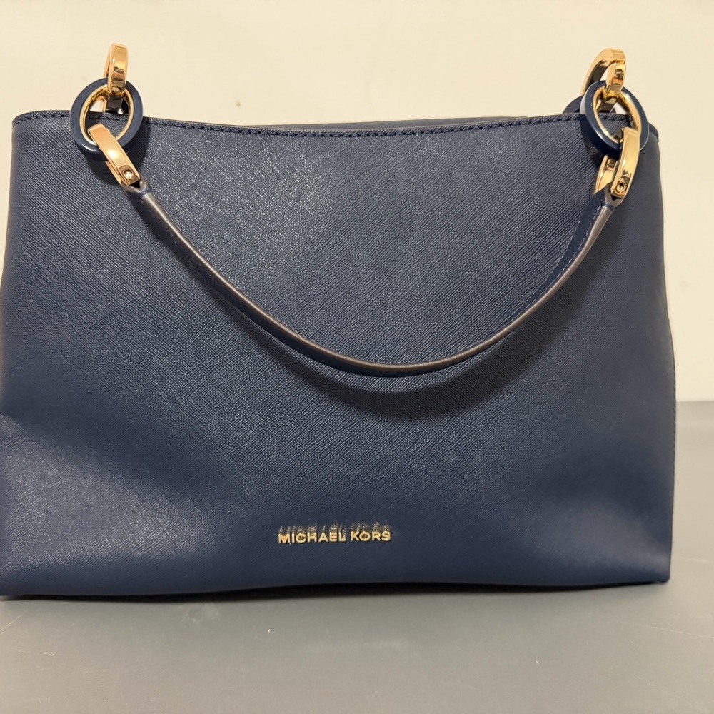 Michael Kors Navy Saffiano Leather Shoulder Bag with Gold Hardware